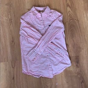 Button up pink and white plaid shirt